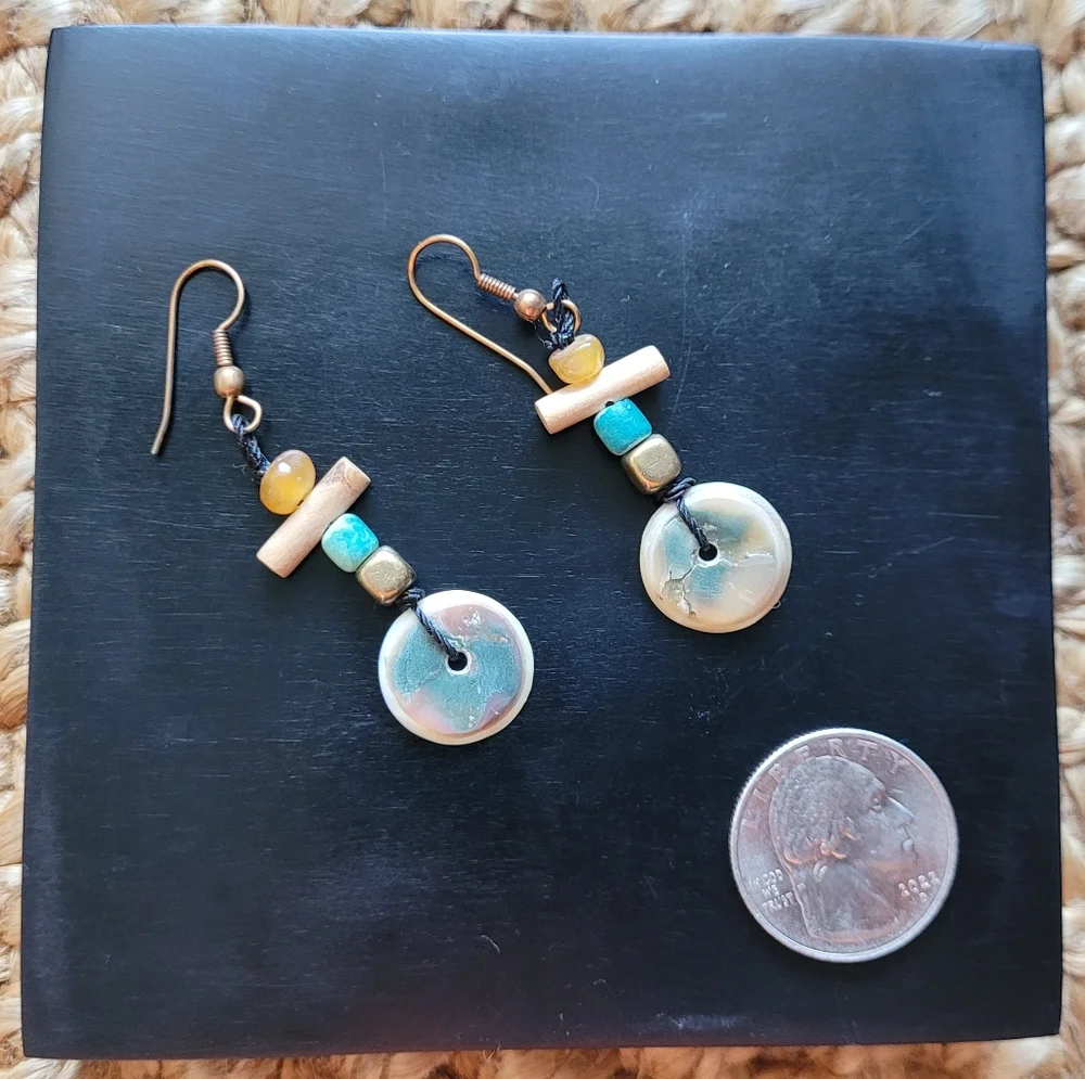Earthy Handmade Dangle Earrings, Honey, Cream and Turquoise Hues